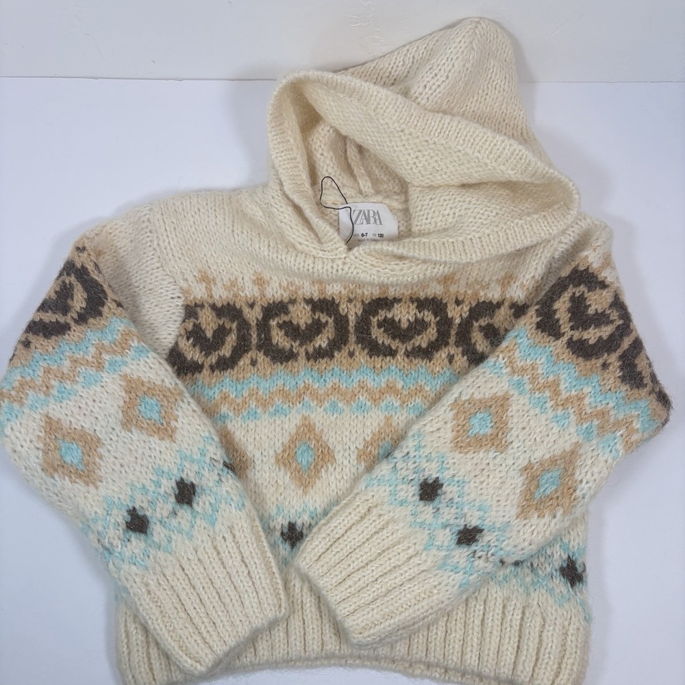 New-Zara Kids 6-7 Years Knit Jacquard Wool Knit Cream Blue Fair Isle Ski Sweater